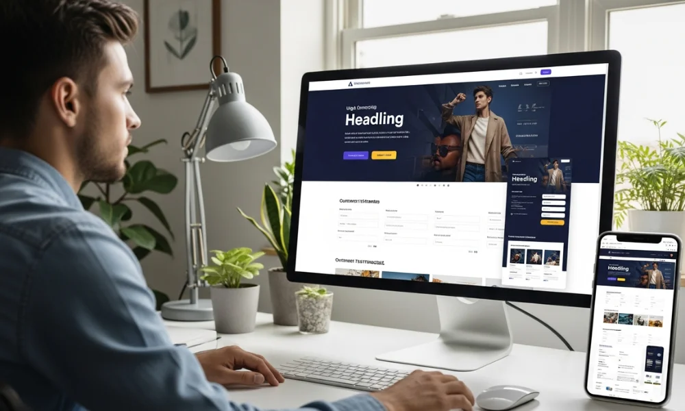 man sits at a desk viewing a website design 