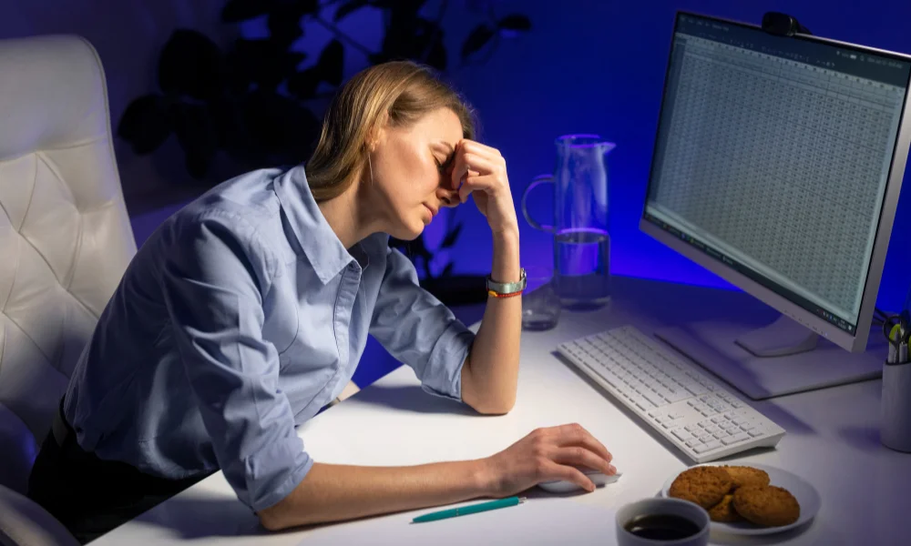 A woman in a blue shirt sits at a desk