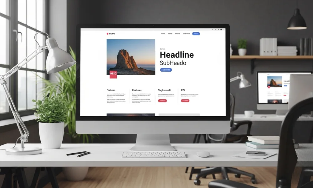 computer monitor displaying a webpage design-landing page design