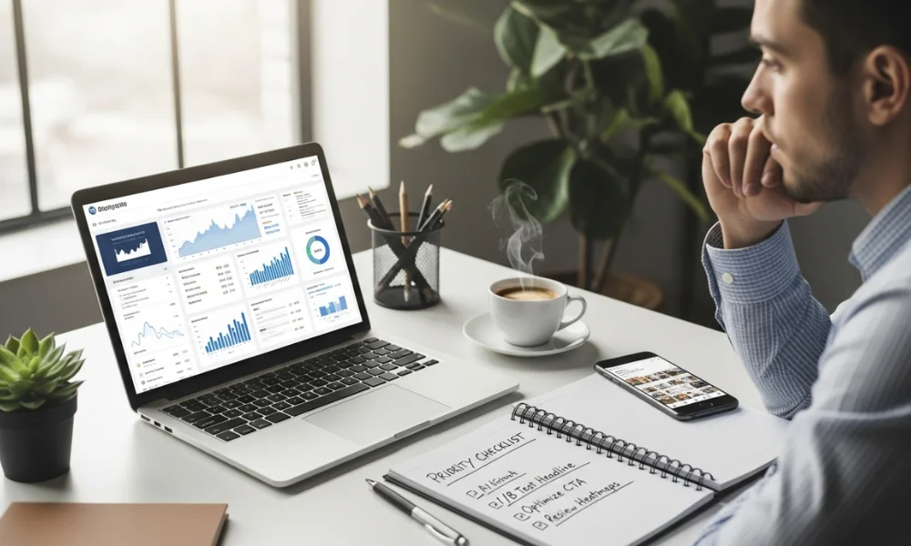 laptop displaying graphs and charts-landing page design