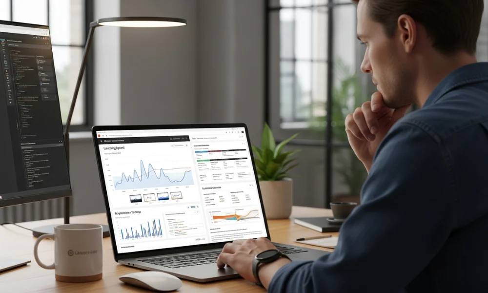 man in a blue shirt works at a wooden desk