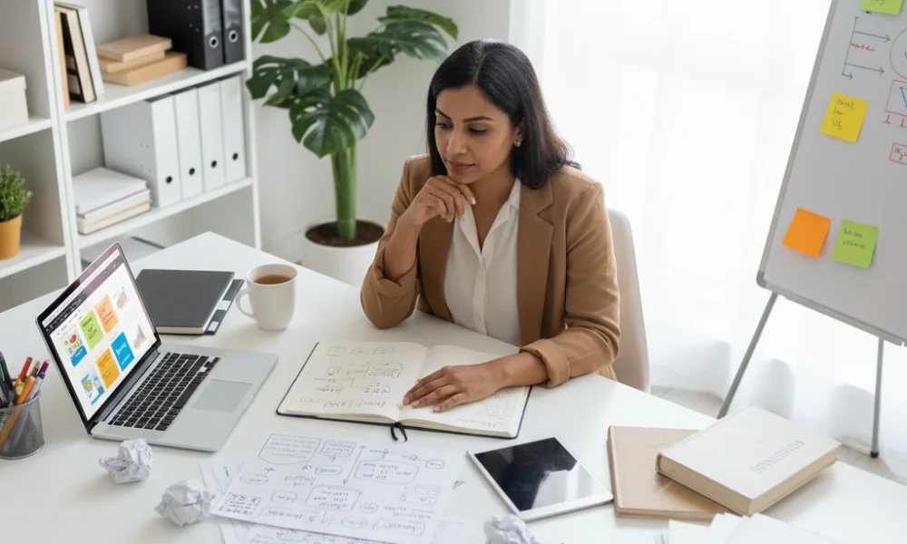 A woman in a beige blazer sits at a desk-brand name taken