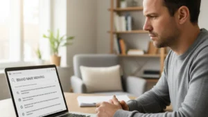 A man sits at a desk, intently looking at a laptop