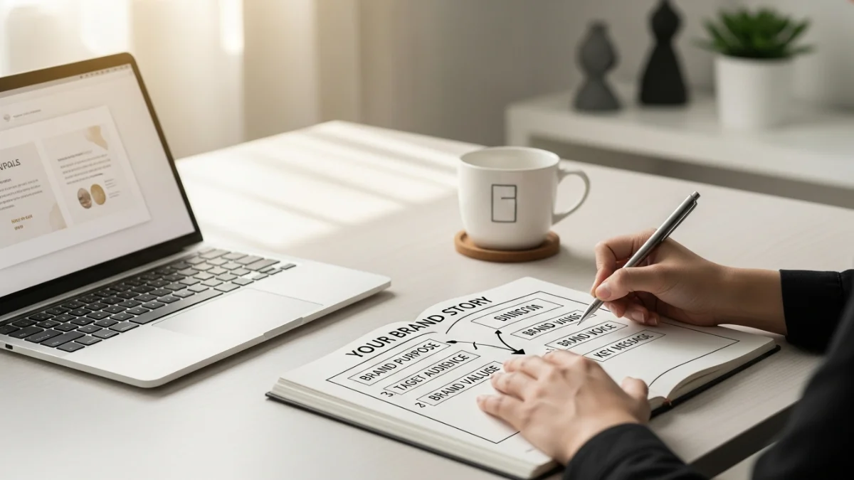 A person writes "Your Brand Story" in a notebook