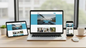 laptop, tablet, and smartphone display the same website