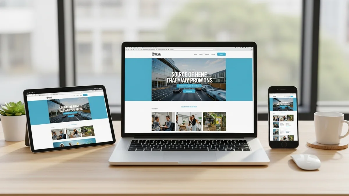 laptop, tablet, and smartphone display the same website
