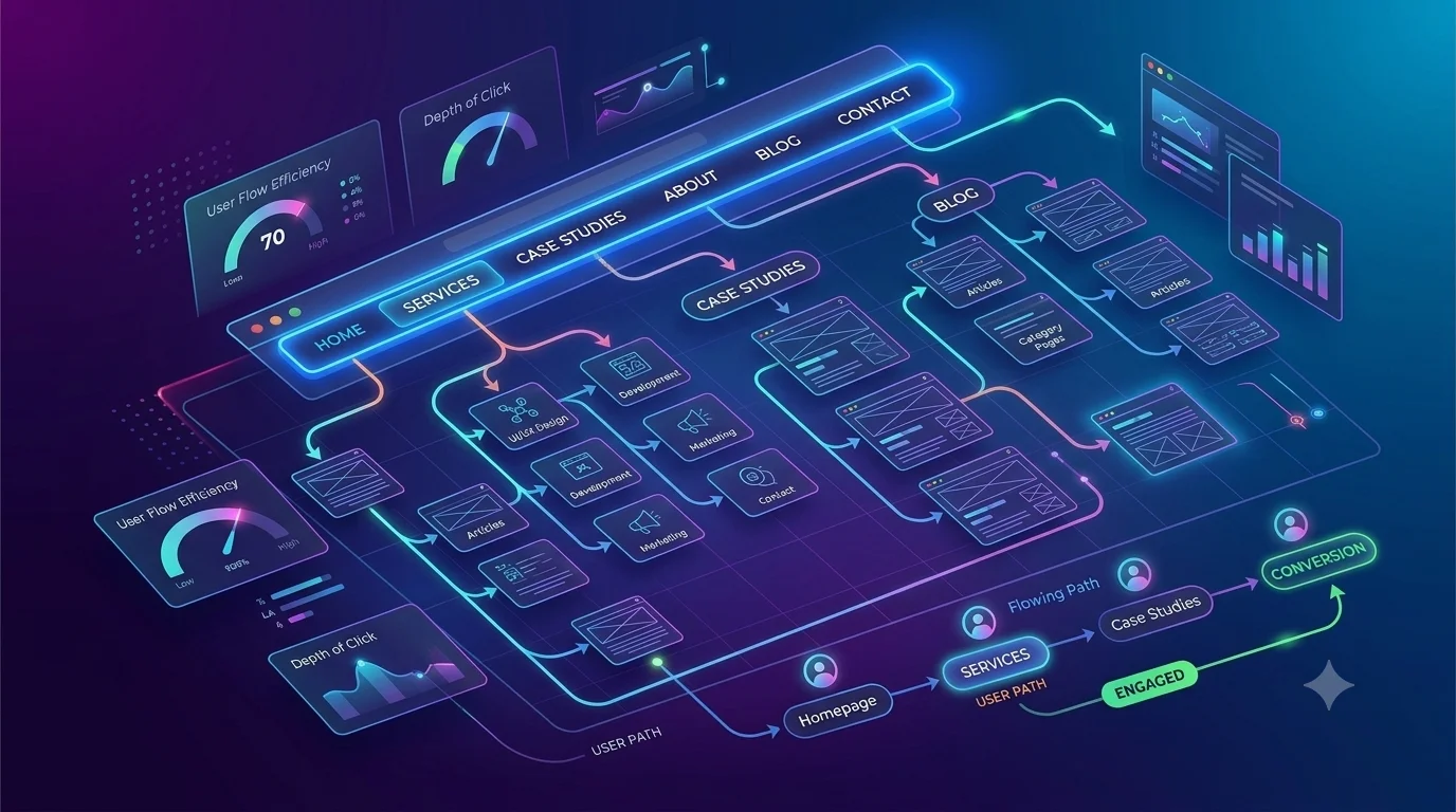 3D digital visual diagram showing a simple menu hierarchy and seamless user navigation path across pages.