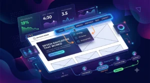 Modern UI/UX layout with clean website header navigation, user flow arrows, and analytics metrics showing reduced bounce rate.